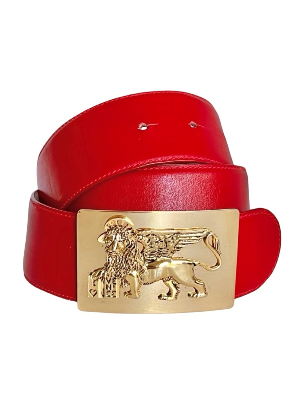 Rare Vintage 1990s Moschino Red Leather Belt Gold Lion Buckle Made in Italy